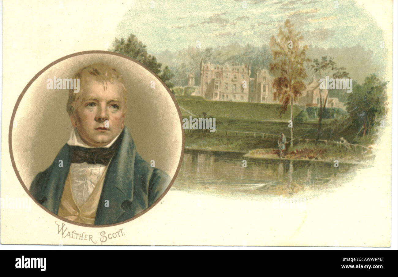 Chromolithographed postcard of Walter Scott and his Scottish Borders home Abbotsford Stock Photo