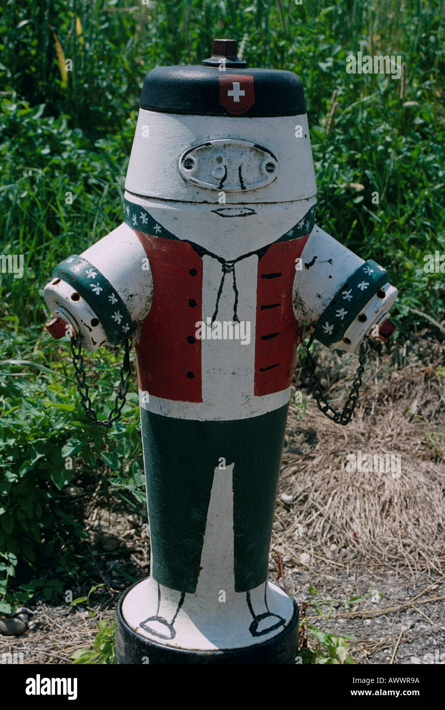 Swiss fire hydrant, painted to look like a little man wearing Swiss  national costume Stock Photo - Alamy