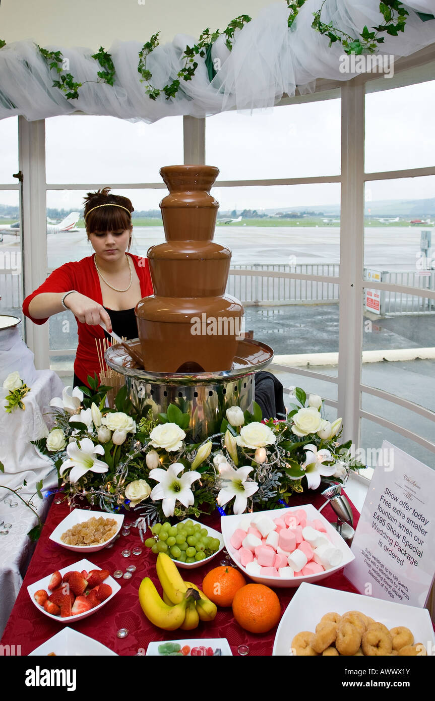 Chocolate fountain on display at an English Wedding Fair Stock Photo
