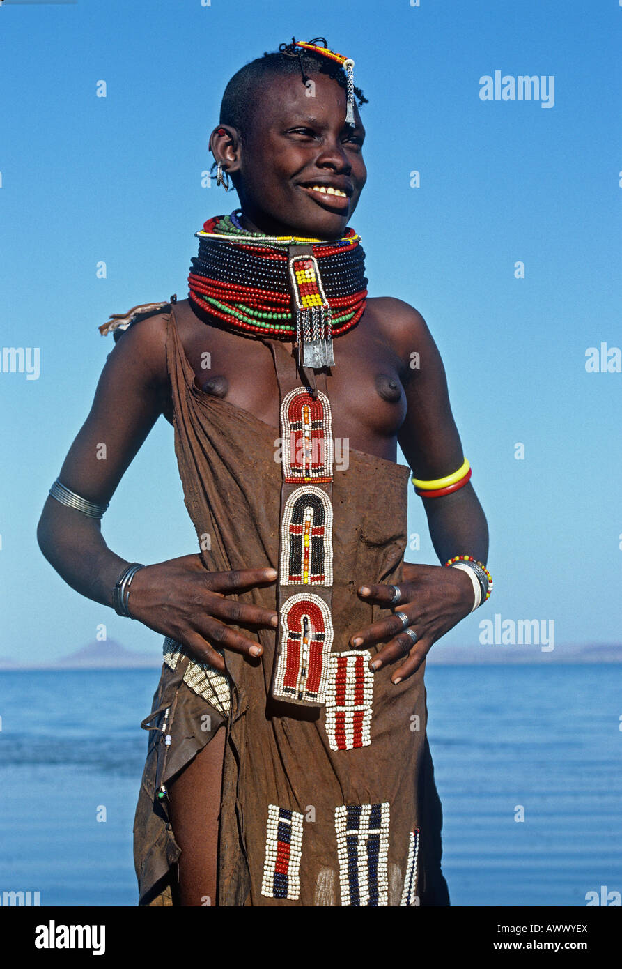 Turkana woman wearing many necklaces Stock Photo