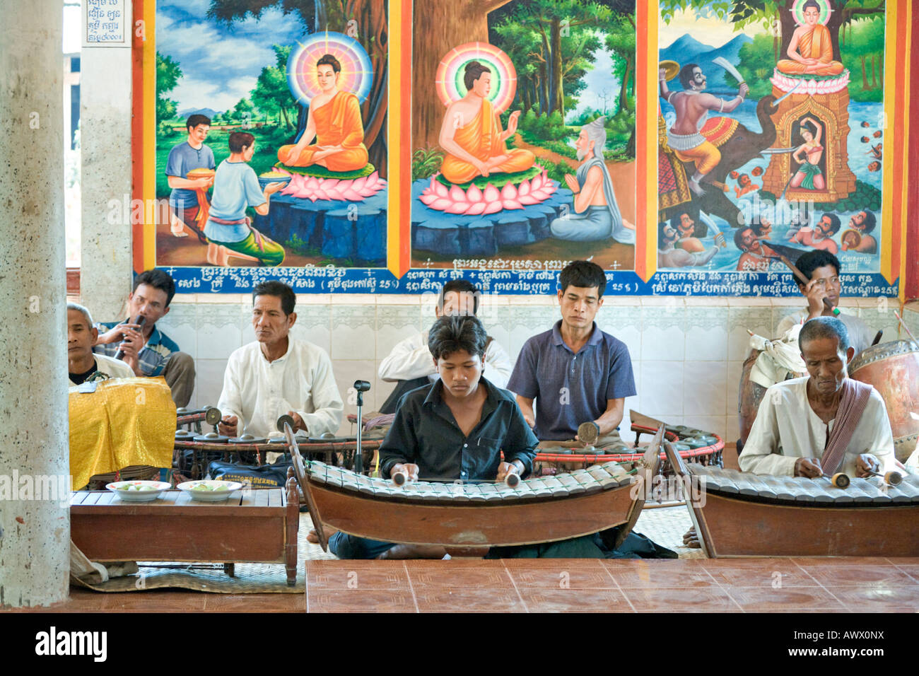 Musicians at Bakong Monastery, Angkor, Cambodia Stock Photo