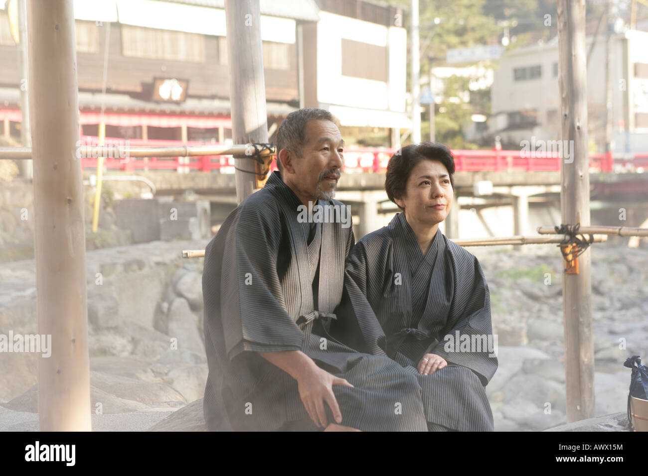 Mature couple relaxing in japanese spa Stock Photo