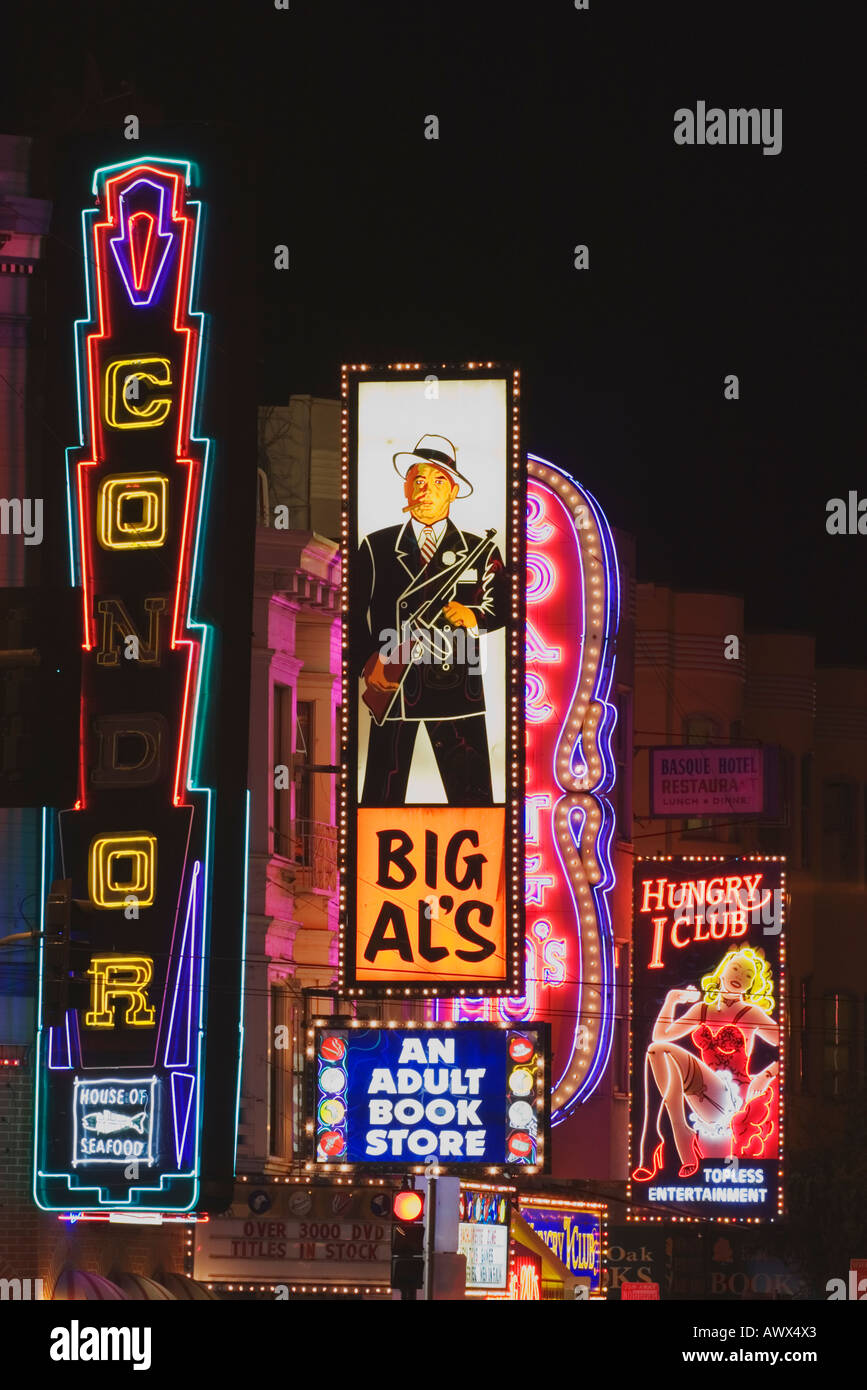 Neon Signs Glow At Night In The North Beach District At Broadway