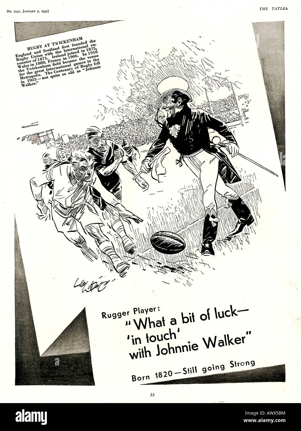 Johnny Walker at Twickenham 1931 advert for the Scotch Whisky with an illustration of rugby at HQ Stock Photo