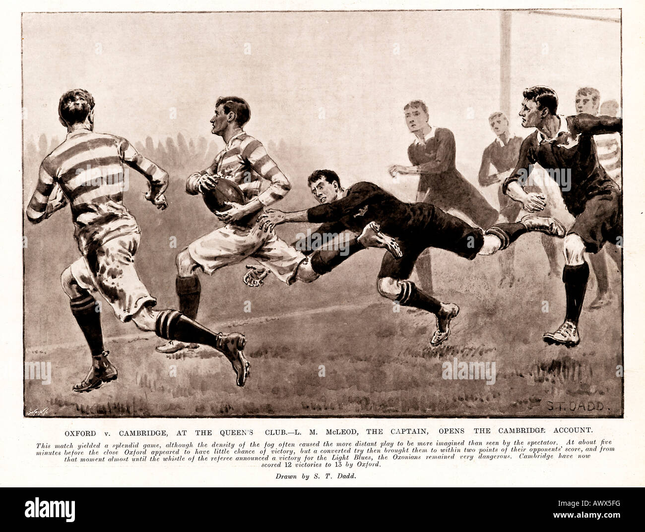 Varsity Match 1905 illustration of the Oxford v Cambridge rugby LM Macleod scores the first try as Cambridge win 15 to 13 Stock Photo