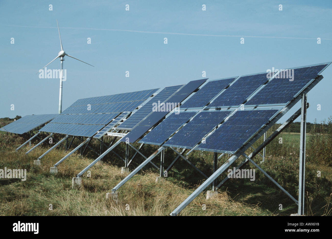 solar installation and wind power station, regenerative energy, Germany, Pellworm Stock Photo