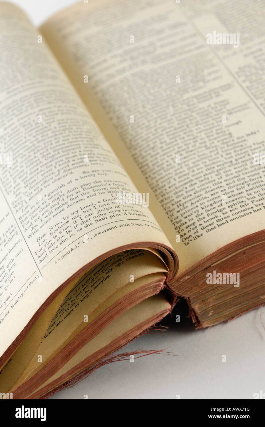 Old open tattered book pages Stock Photo