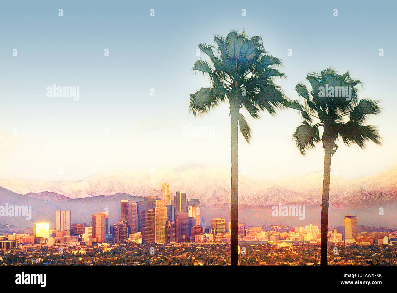 Digitally altered artistic view of Los Angeles, CA skyline and palm trees Stock Photo