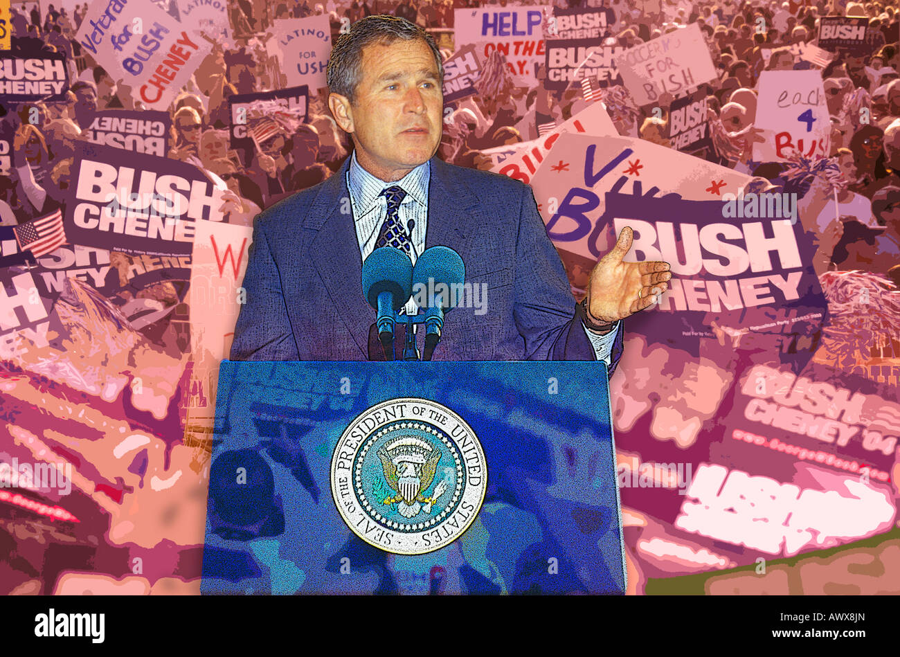 Composite image of President George W. Bush speaking at a podium superimposed over Republican convention Stock Photo