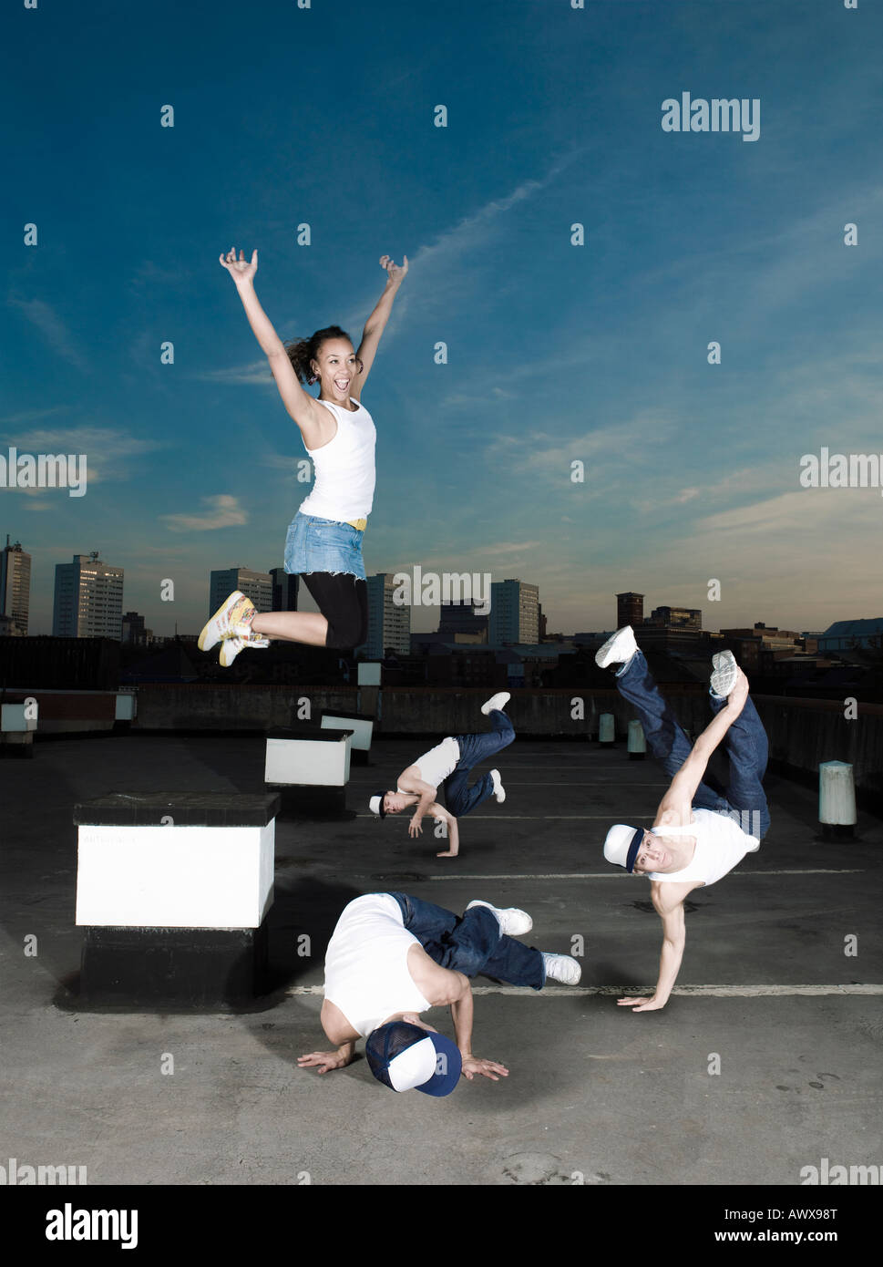 Breakdancers in different freezes Stock Photo