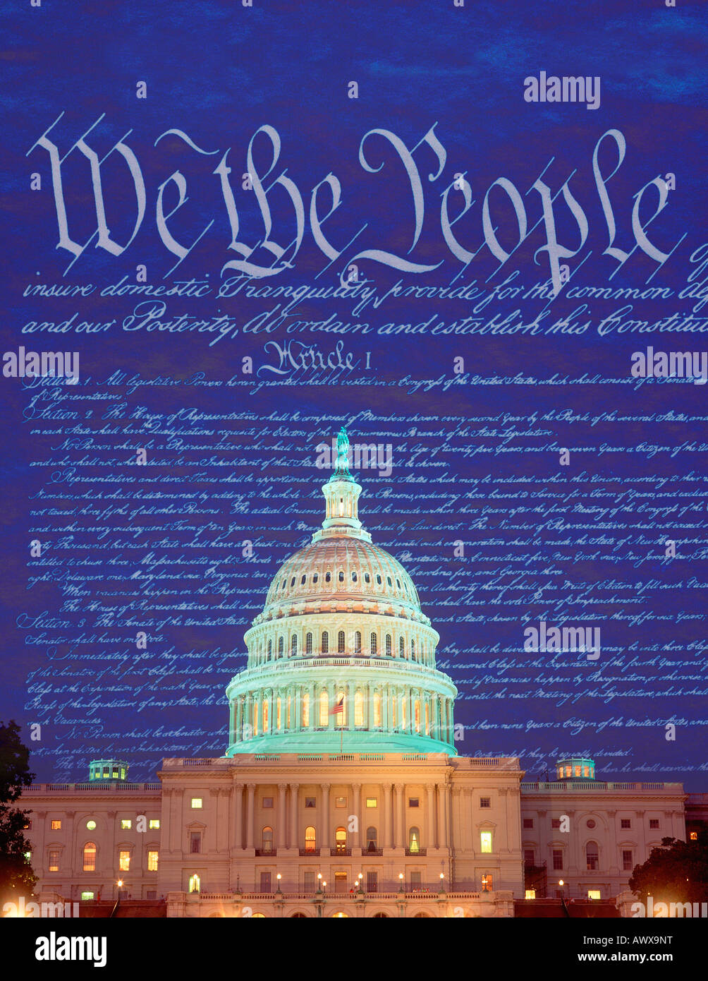Composite image of the U.S. Capitol and the U.S. Constitution Stock Photo