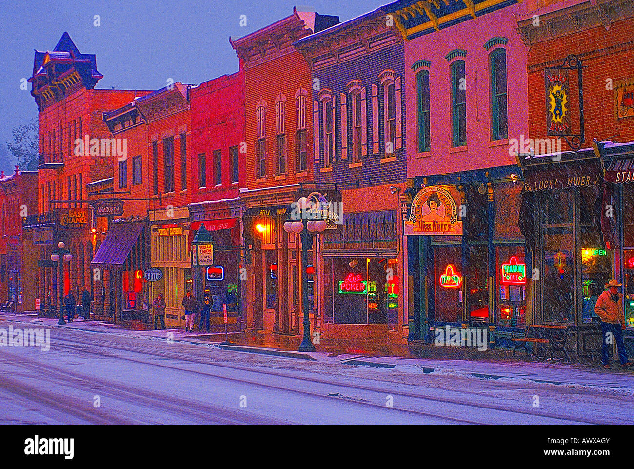 Digitally altered view of snowy Main Street of Deadwood, SD in winter Stock Photo