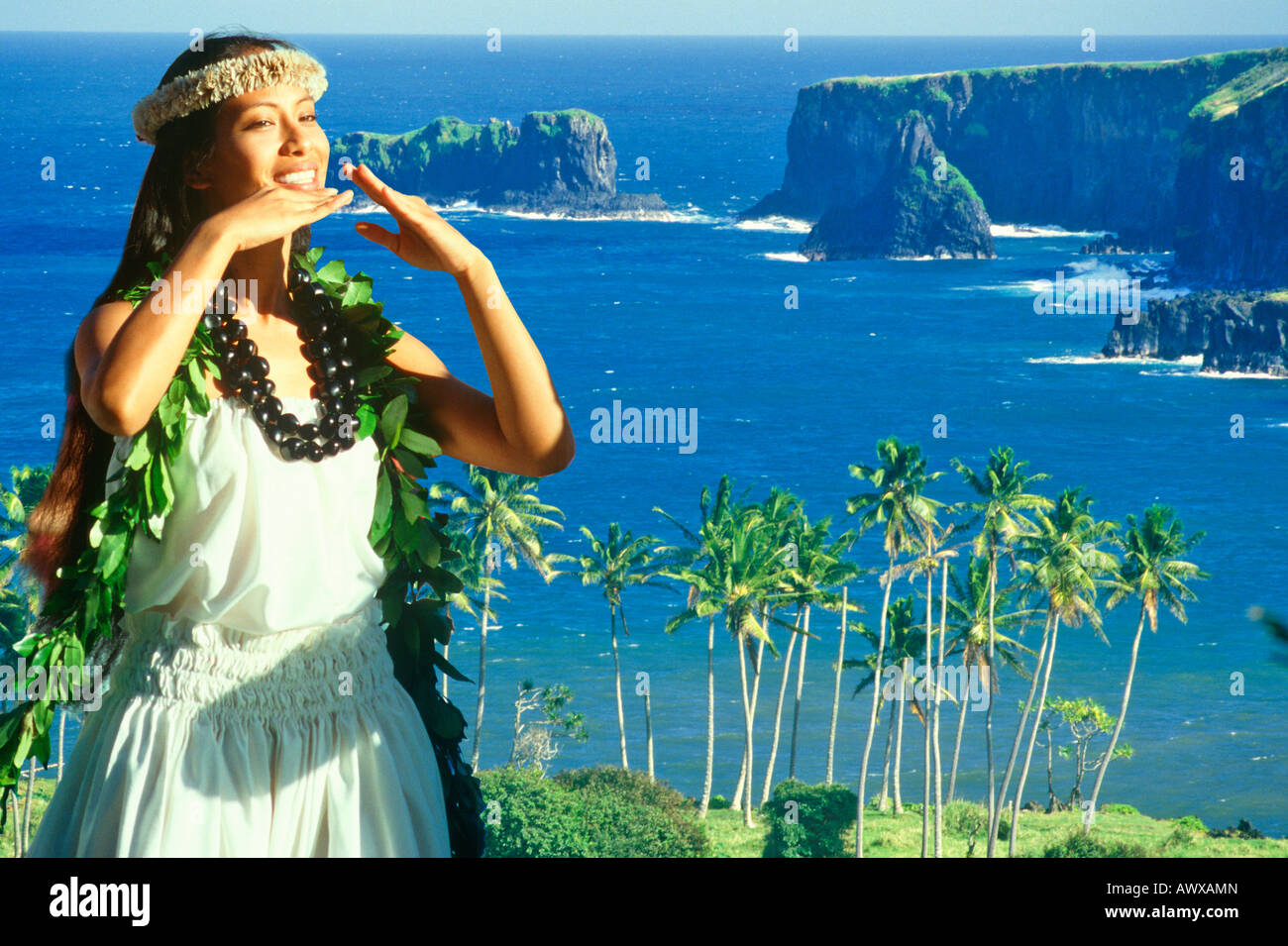 Composite image of Hawaiian native dancer and palm beach and coastline in Hawaii Stock Photo