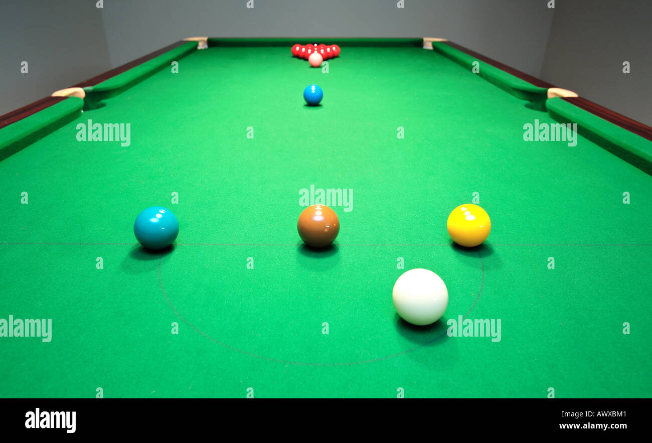 Brand new snooker table with balls ready for breaking Stock Photo