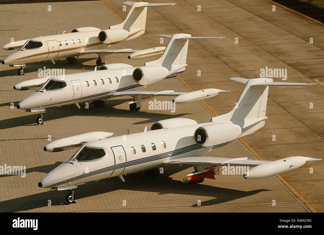 Three jet plains at airport, elevated view Stock Photo