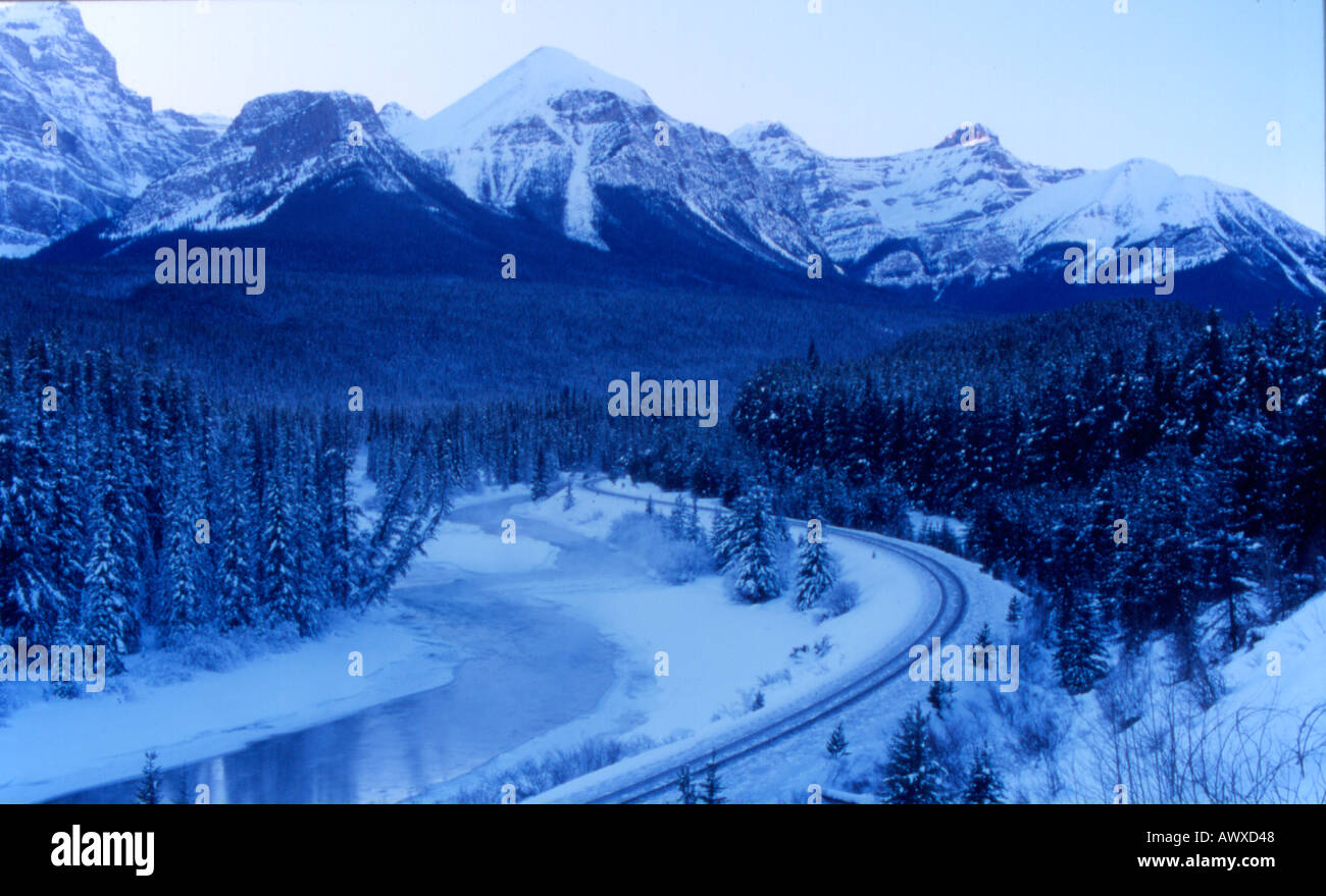 Canadian Rocky Mountains and the National Railway Track Banff National Park Alberta Canada Stock Photo