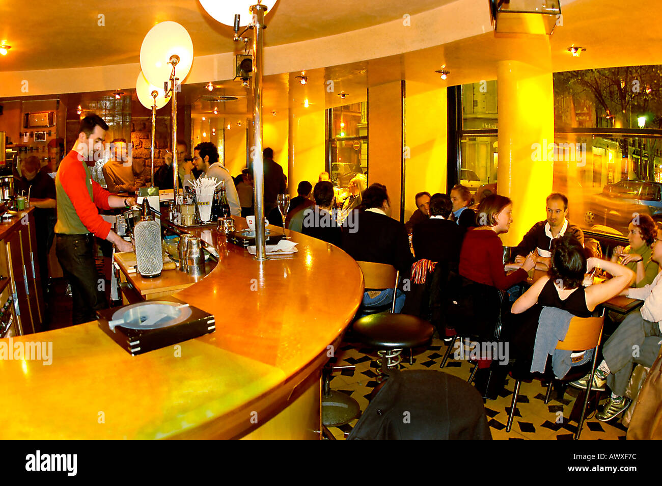 PARIS France, Crowd of People Drinking, interior French Café, Bistro Bar 'L'Endroit'  Inside, working at night, inside busy bar france, cocktails, Stock Photo