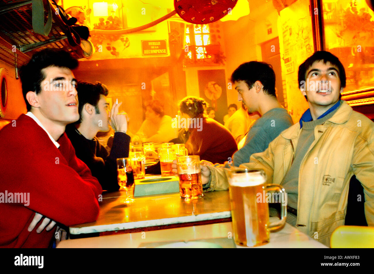 PARIS France, Male French Teens, Friends, Students in Local Bar "Le Pantalon",  Drinking Beer, group teenagers talking Stock Photo - Alamy