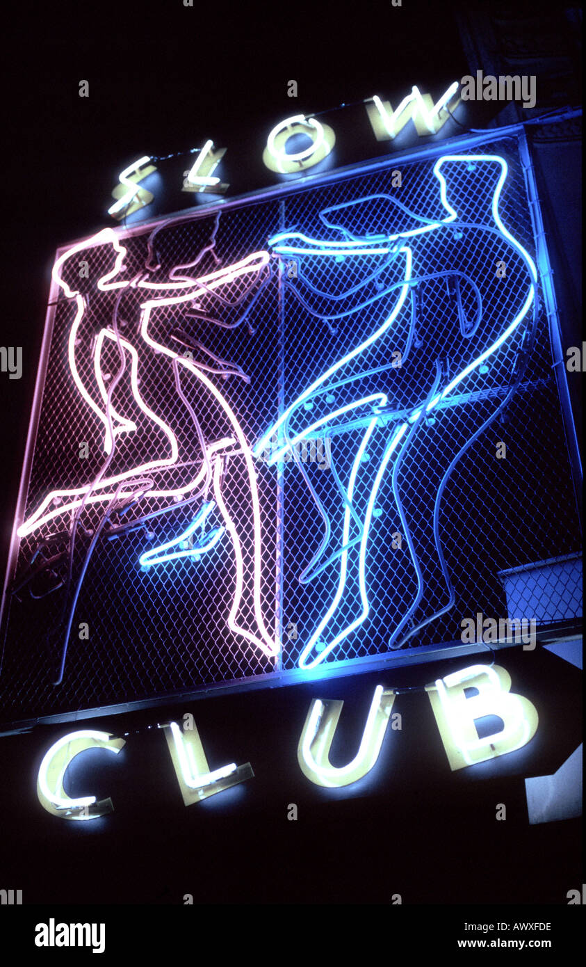 PARIS France, Outdoors Advertising Neon Sign of Jazz Club 'Slow Club' Sign Detail,  at Night Stock Photo