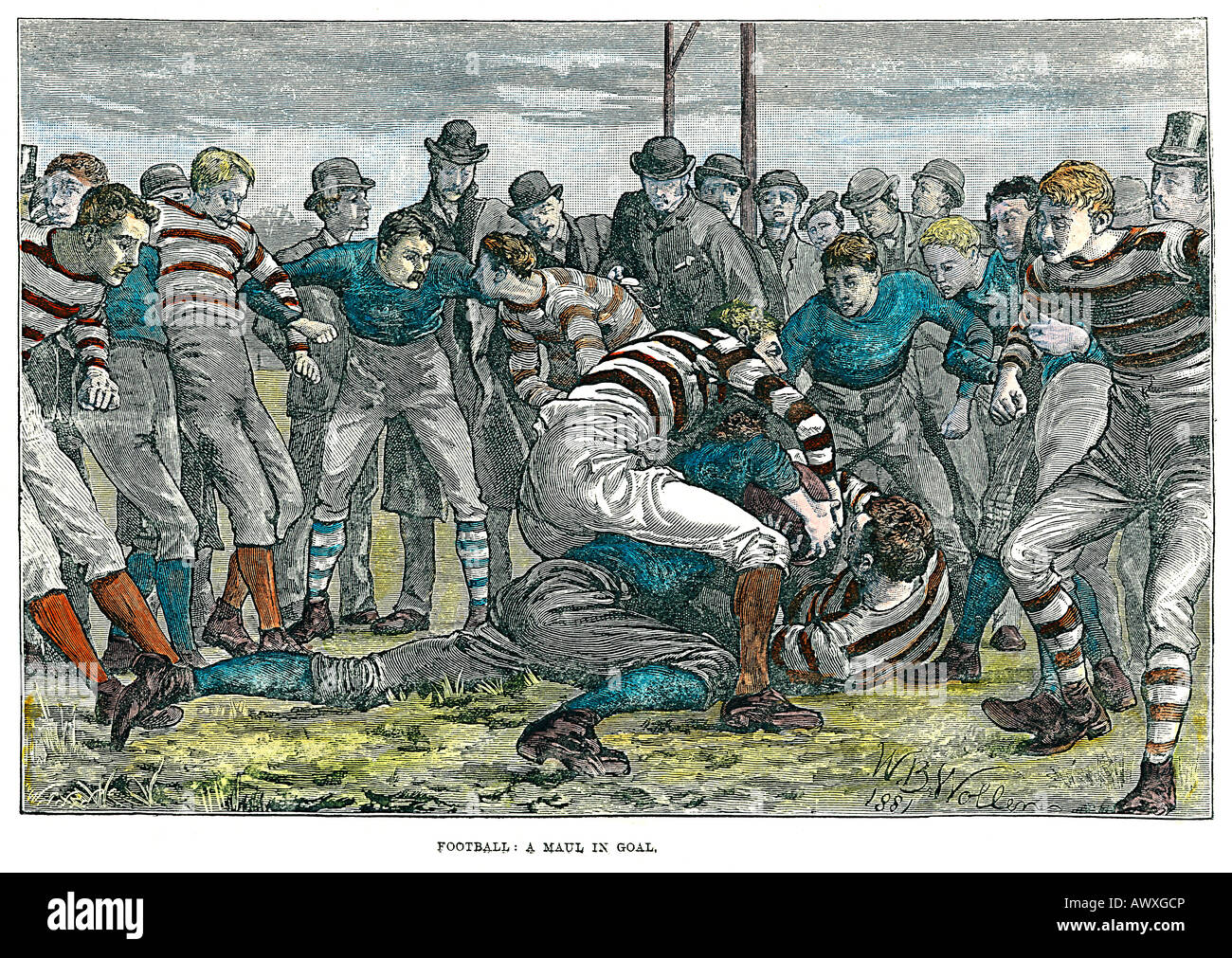 A Maul In Goal 1881 hand coloured Victorian engraving of rugby action note the closeness of the spectators Stock Photo