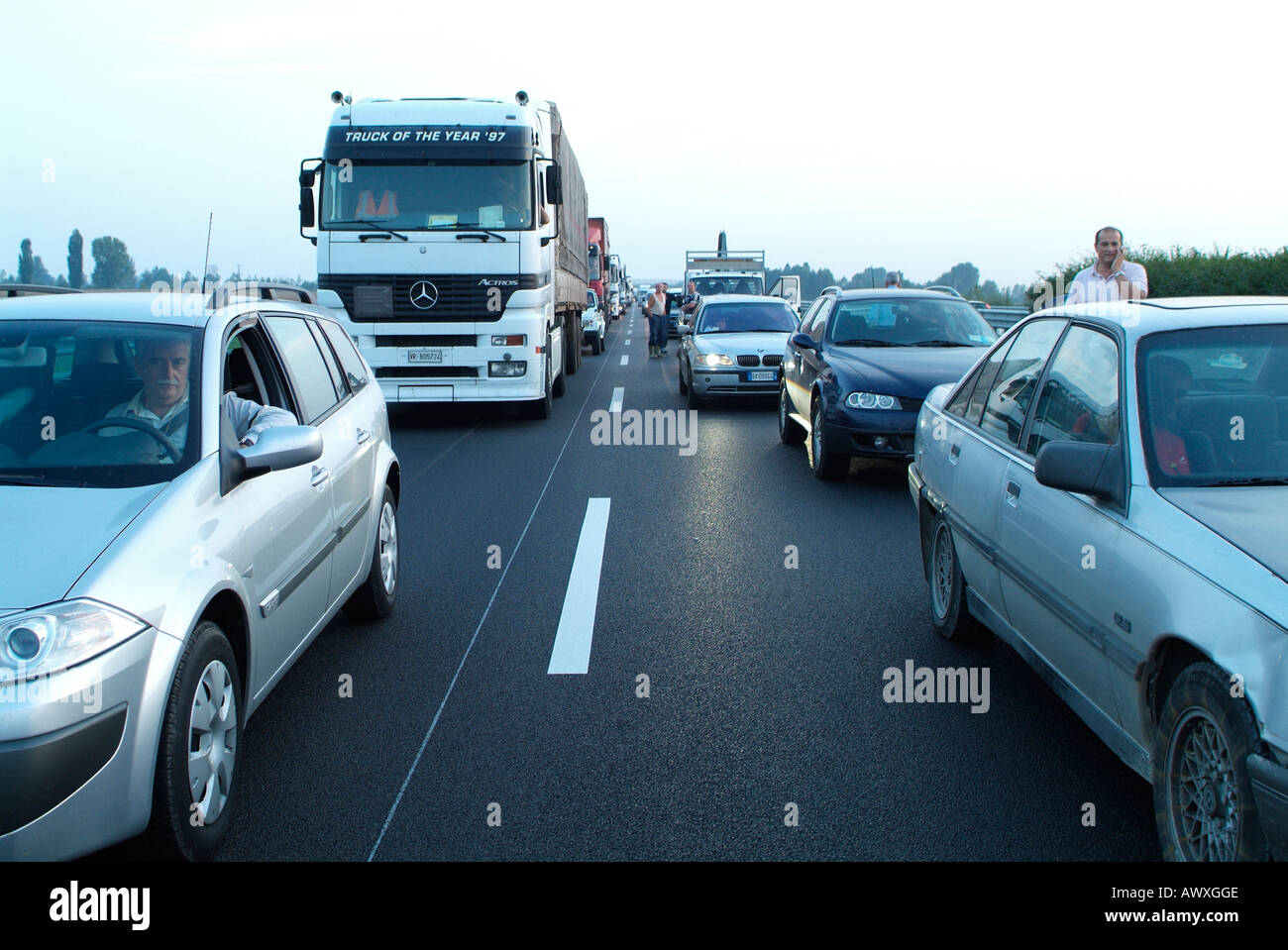 Piled up traffic on the motorway in Italy Stock Photo