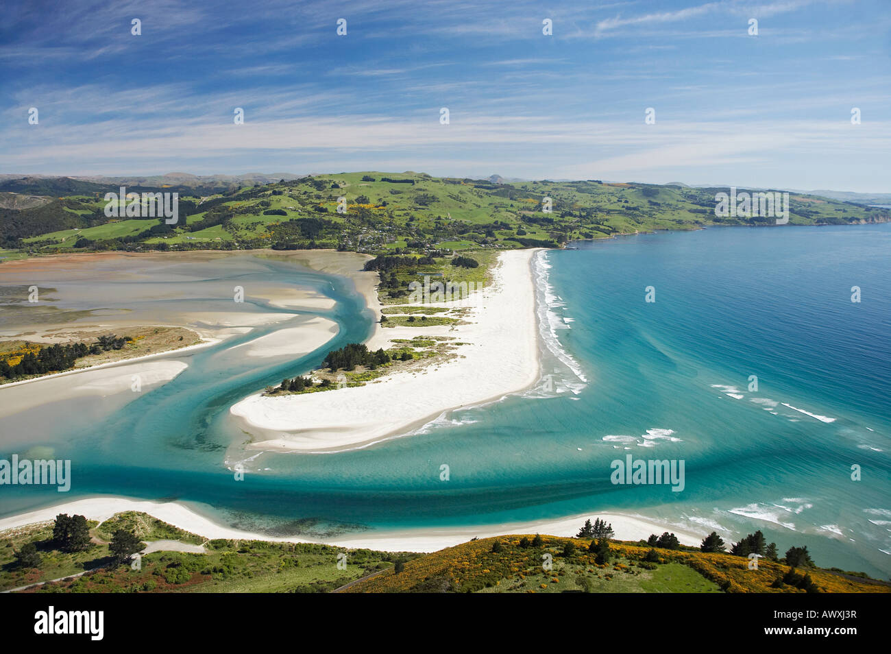 Warrington Beach and Blueskin Bay near Dunedin South Island New Zealand aerial Stock Photo
