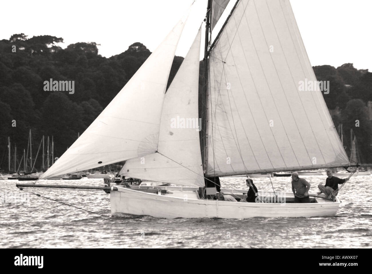 Falmouth Working Boat sailing in Falmuth Harbour, Cornwall, England, Black and White Stock Photo