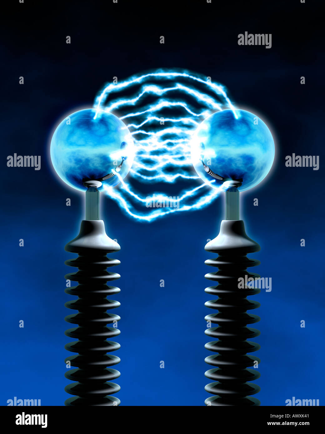 between two electrodes one can see electric lightning flash symbol of energy electricity current voltage power potential danger Stock Photo