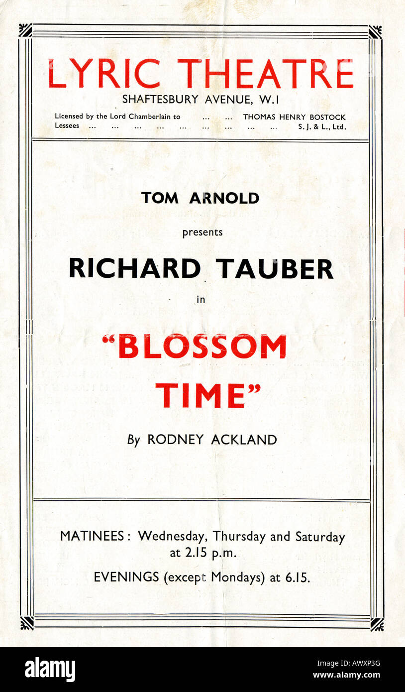 1942 Lyric Theatre programme for Richard Tauber in Blossom Time EDITORIAL USE ONLY Stock Photo