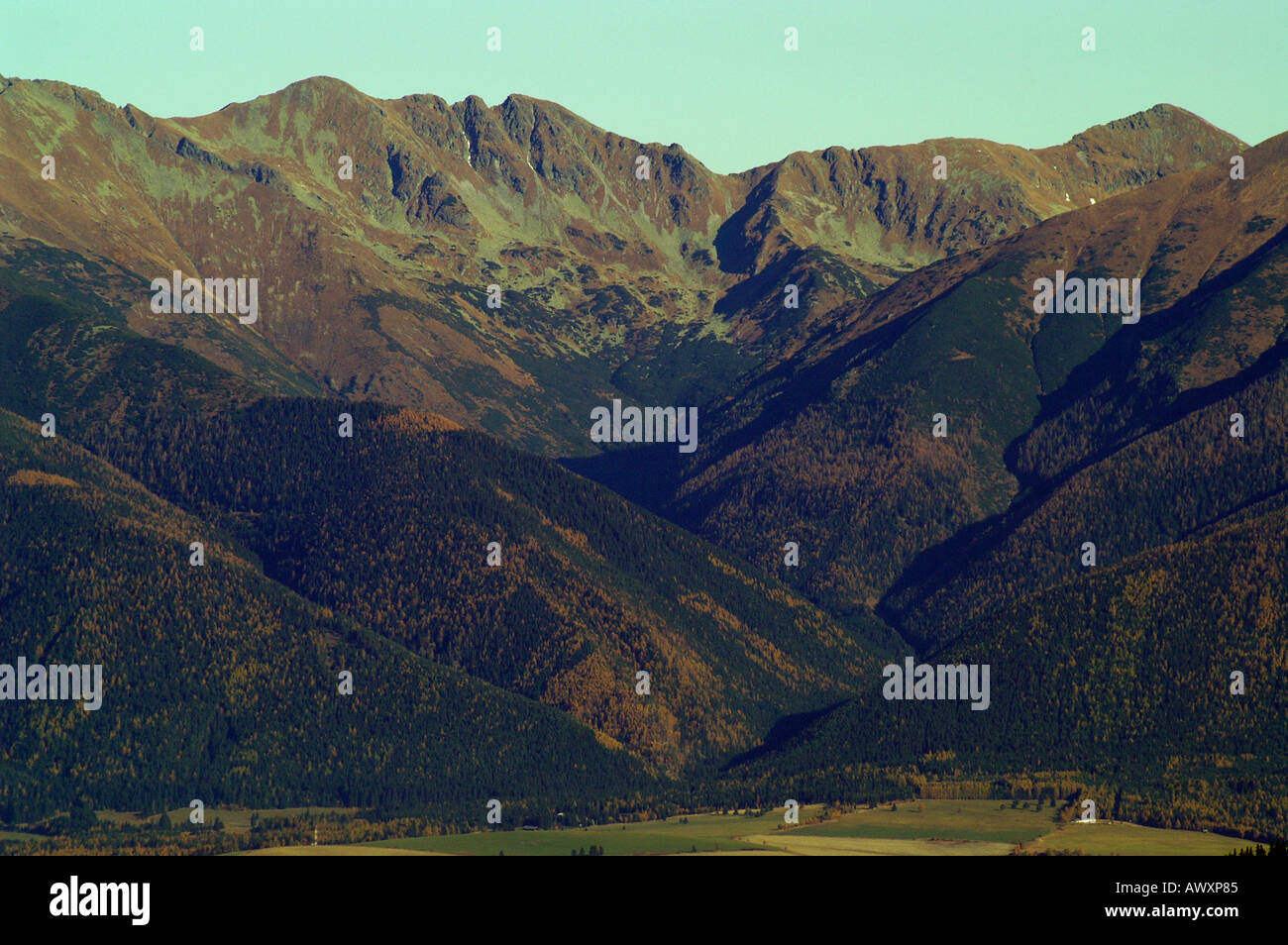 Main ridge of Zapadne Tatry mountains from  Nizke Tatry mountains, morning,   autumn, Slovakia Stock Photo