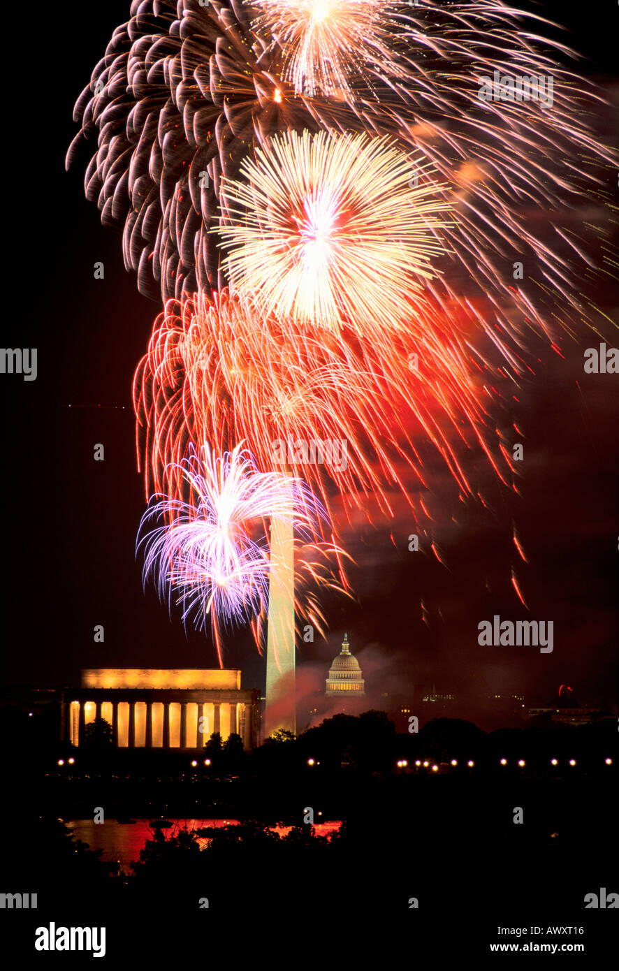 Washington, D.C., USA, July 4th fireworks over The Mall, Capitol