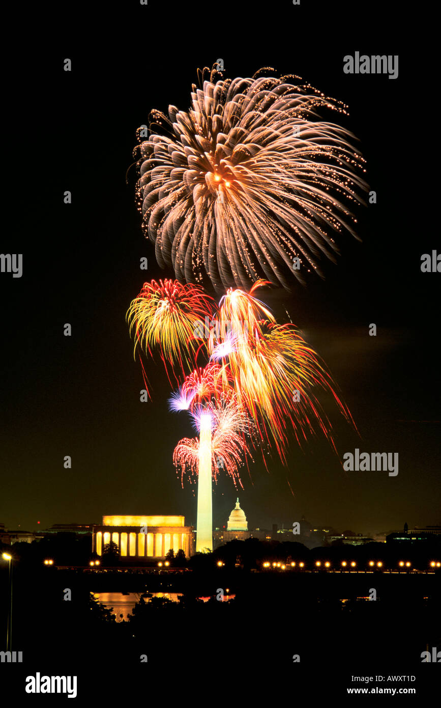 Washington, D.C., USA,, Fourth of July fireworks over Lincoln Memorial, Washington Monument and U.S. Capitol Stock Photo