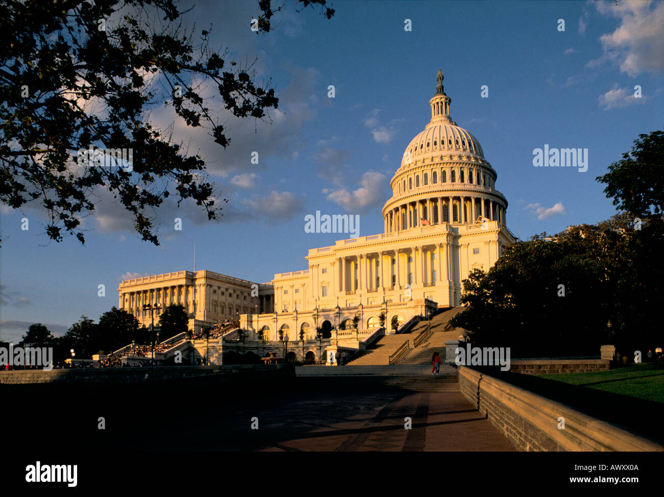 Washington, D.C., USA, U.S. Capitol, west side, people gathering on steps for band concert, late afternoon Stock Photo