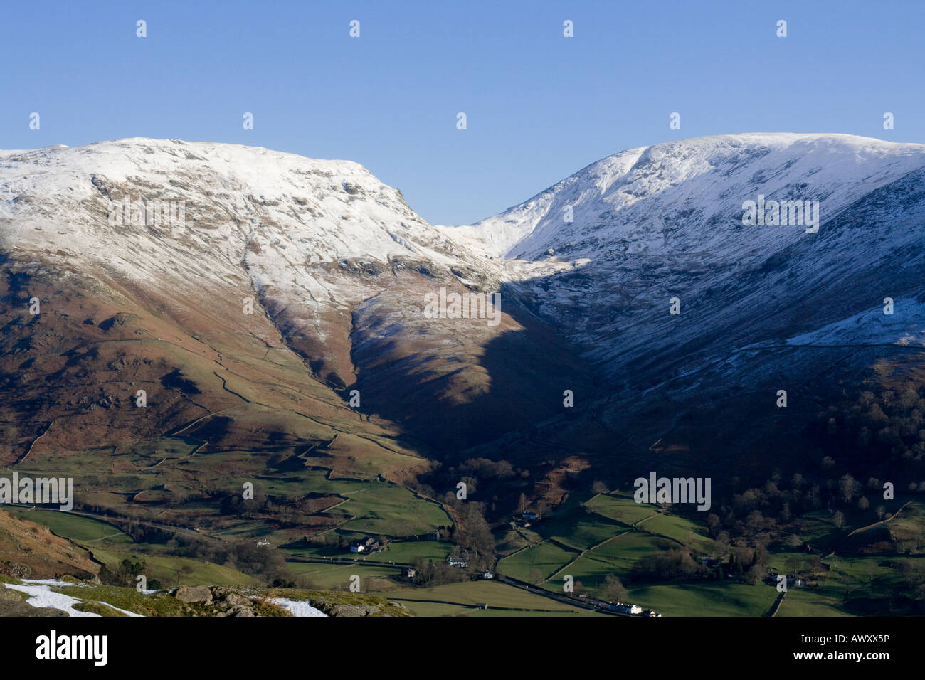 Great Rigg and Heron Pike with snow near Grasmere Lake District Cumbria Stock Photo