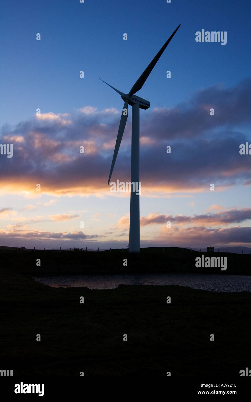 dh Wind Turbine ELECTRICITY UK Vesa small wind turbine Northfield Burray Orkney at sunset Stock Photo