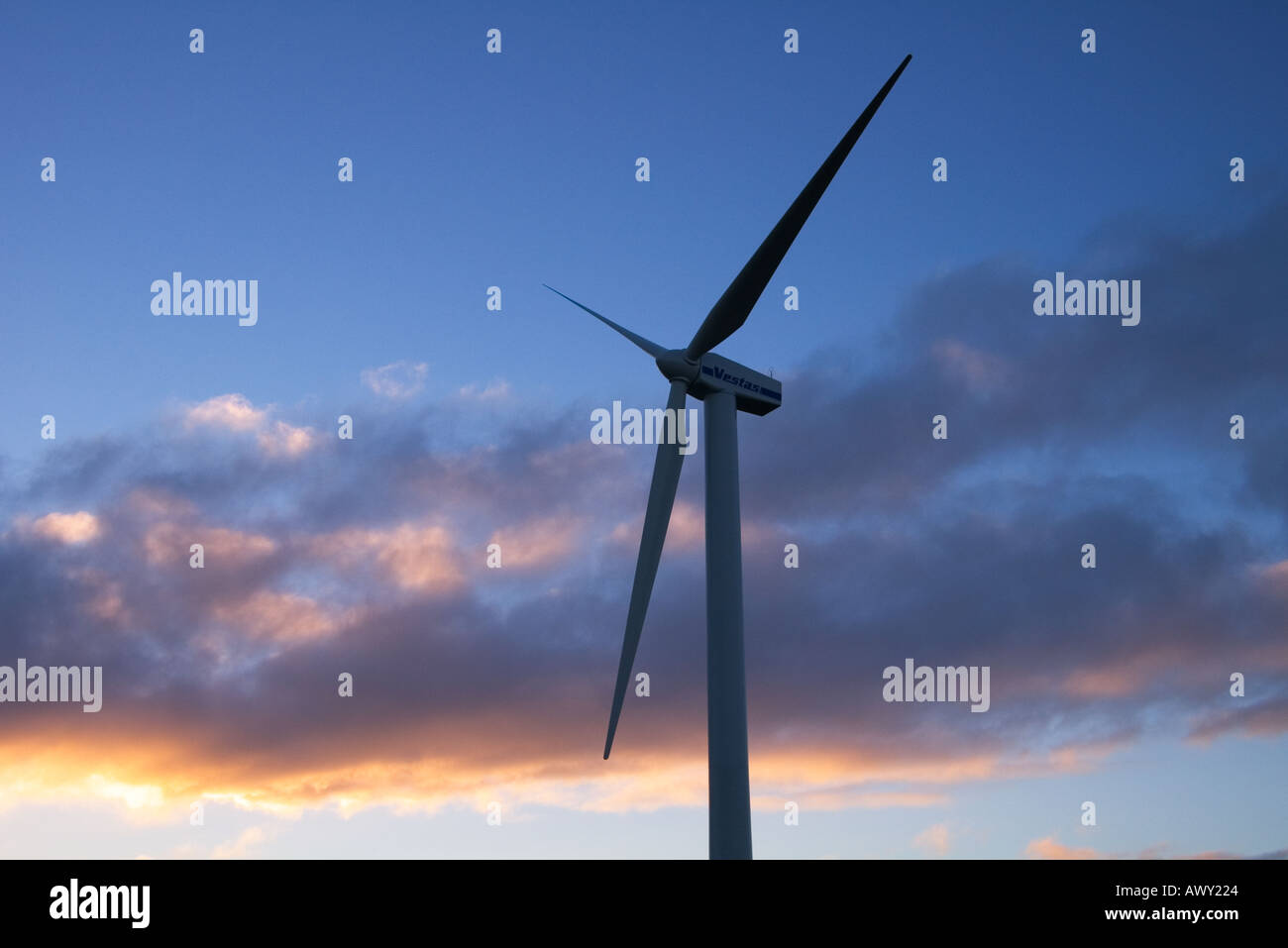 dh Wind Turbine ELECTRICITY UK Vesa small wind turbine Northfield Burray Orkney at sunset Stock Photo