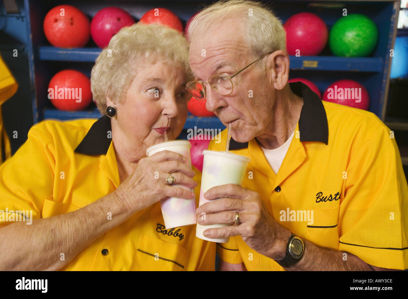 Bowling couple enjoying beverages Stock Photo