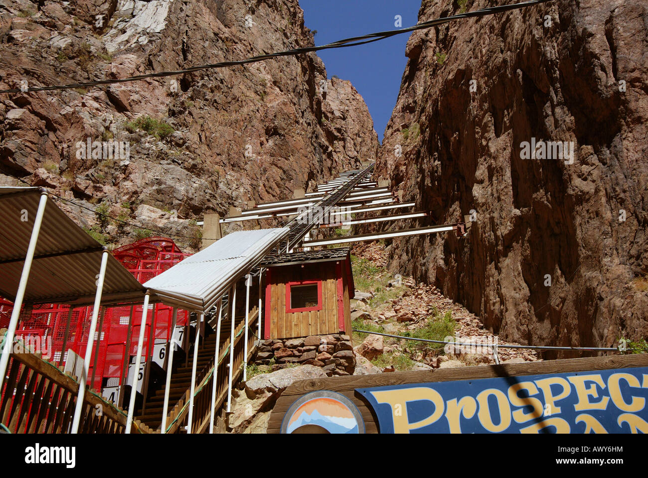 Funicular brings passengers down 1 000 feet from top of Royal Gorge Colorado USA to the Arkansas River at the bottom Stock Photo