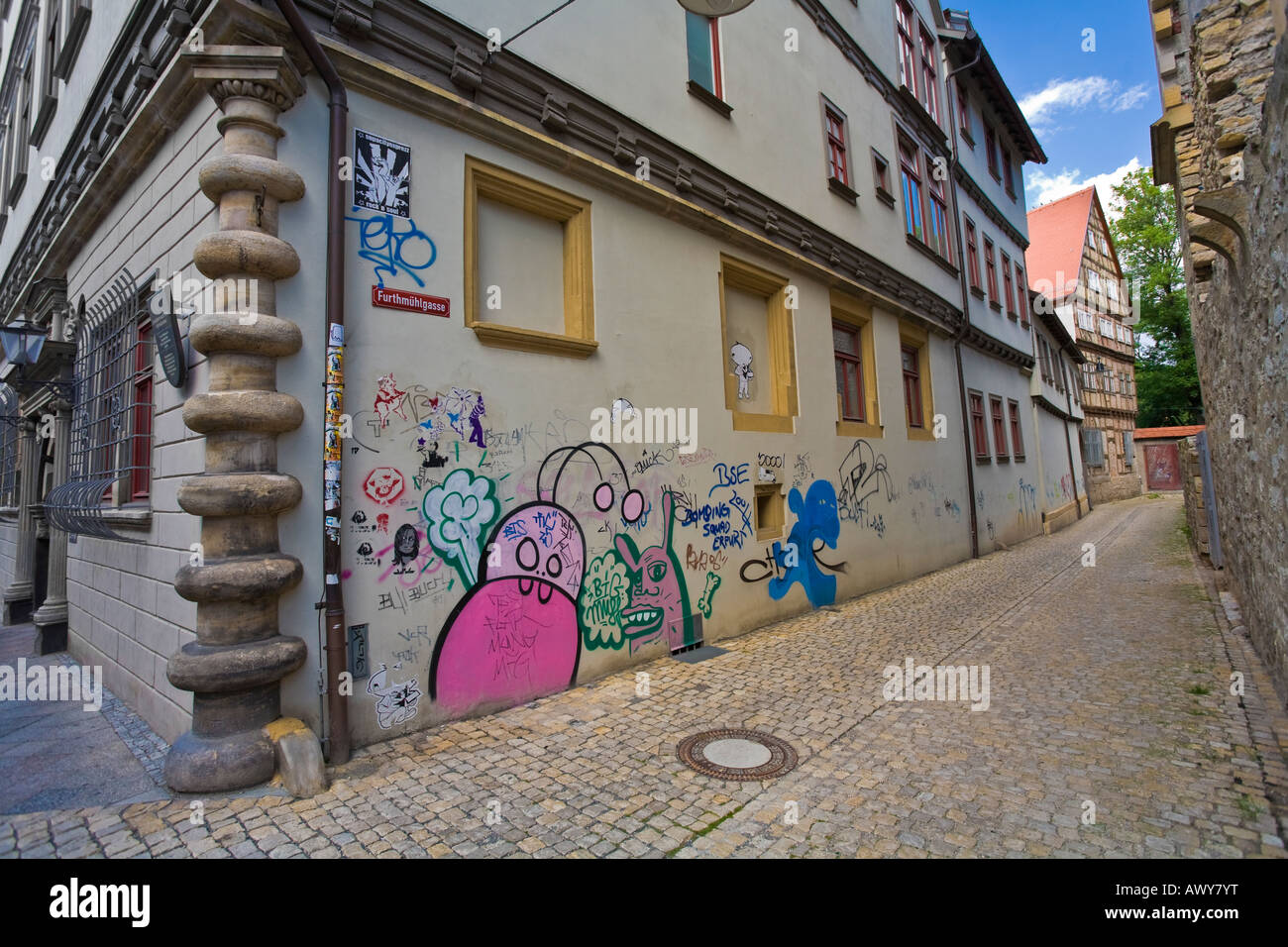 Grafitti on buildings old town Erfurt Germany Stock Photo