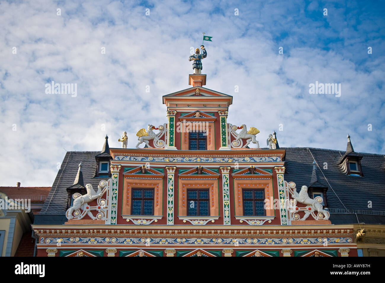 Façade detail of a 16th century 1584 restored building with elaborate gilded mouldings Erfurt Thuringia Eastern Germany Stock Photo
