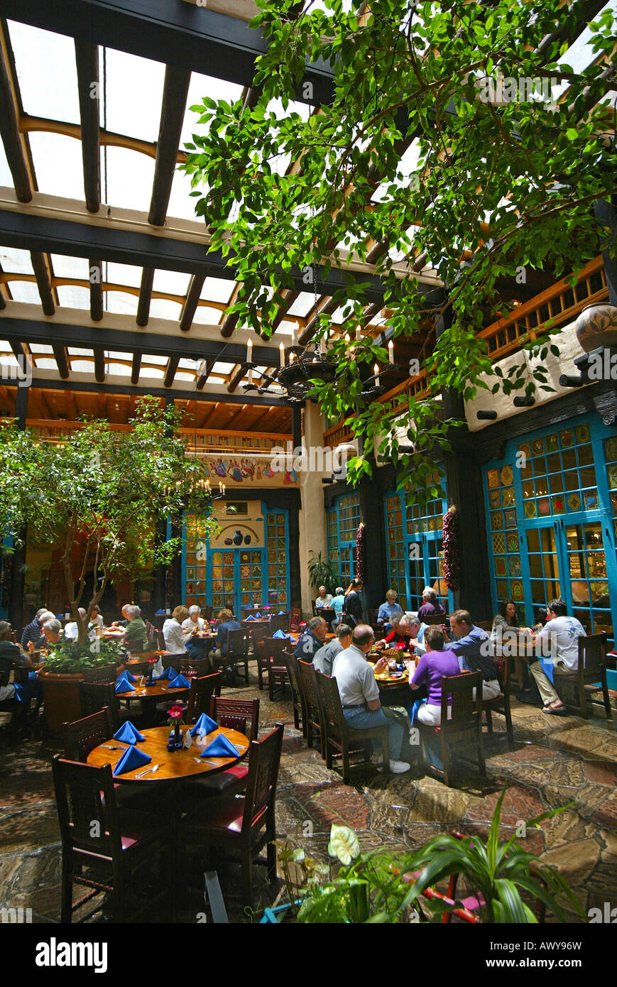 Diners enjoy New Mexican cuisine at La Plazuela restaurant at La Fonda