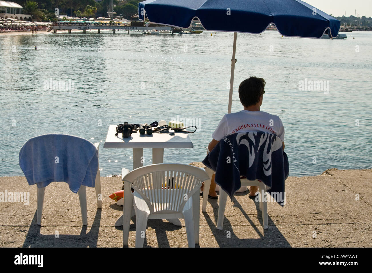 Lifeguard observing area in front of private and public beaches in Juan les Pins French Riviera Stock Photo
