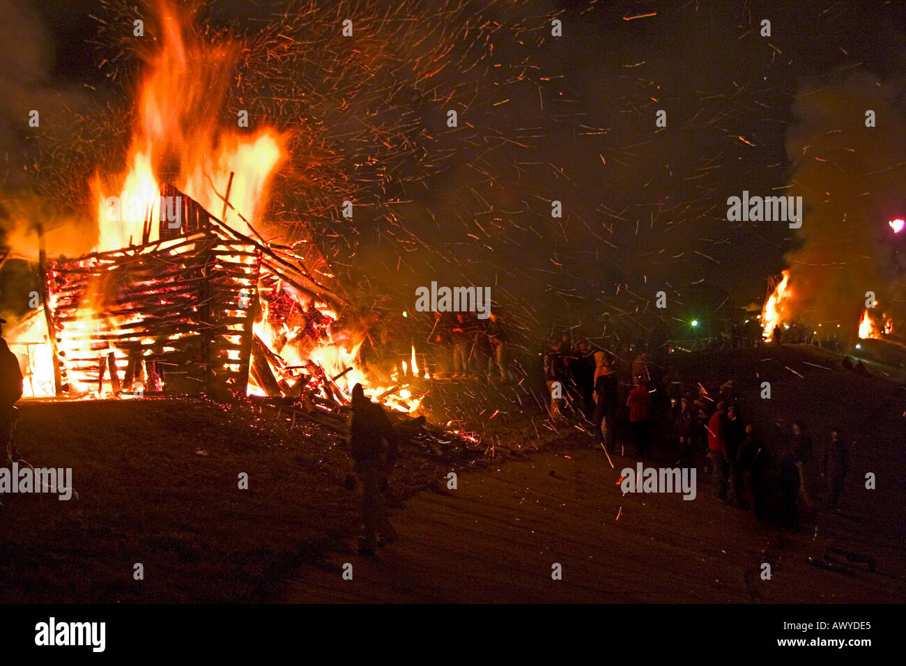 A bonfire burns on the Mississippi River levee at Gramercie Louisiana