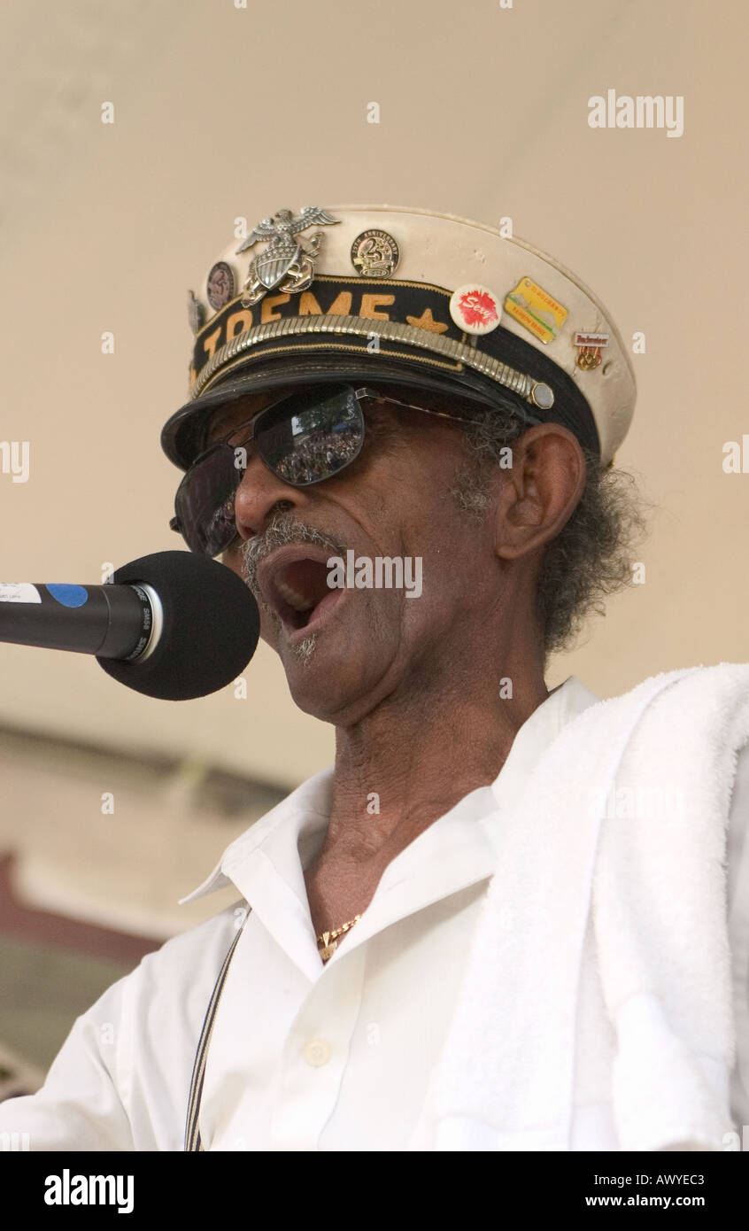 Uncle Lionel Batiste sings with the Storyville Stompers Brass band at the Satchmo Festival at the Old Mint in the French Quarter Stock Photo