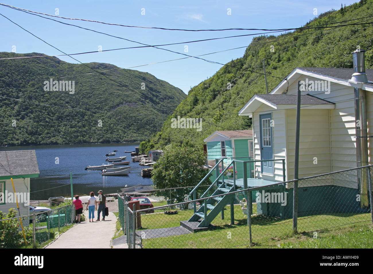Outport Village Grey River NL Looking Downhill Toward the Water Stock