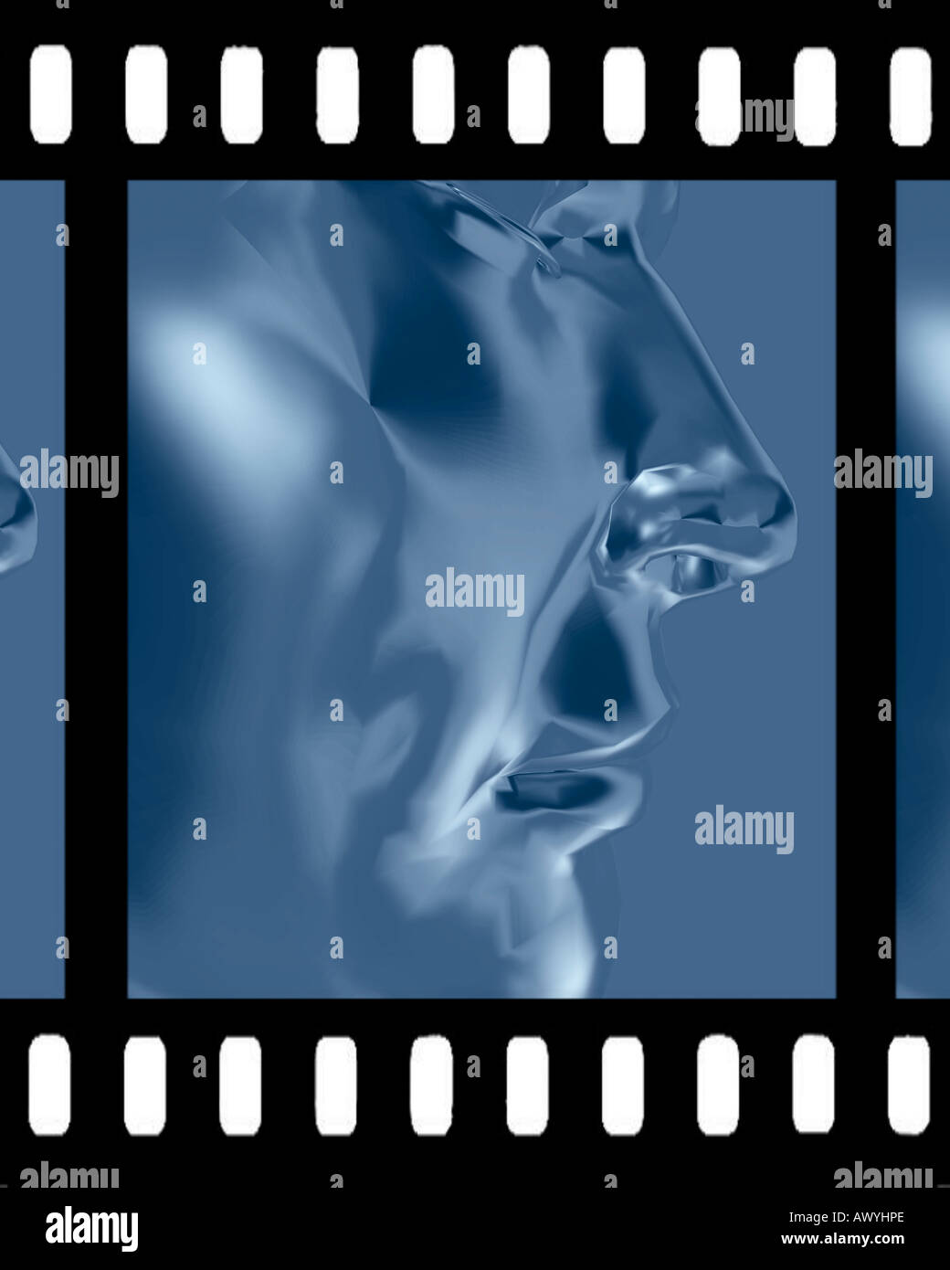 computer generated image of a man on 35mm film showing sprocket holes Stock Photo