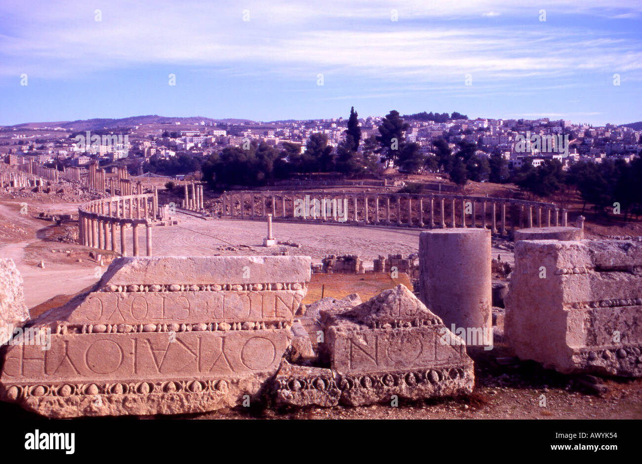 Jordan The Middle East Jerash Ancient Gerasa with the Oval Forum in the background Stock Photo