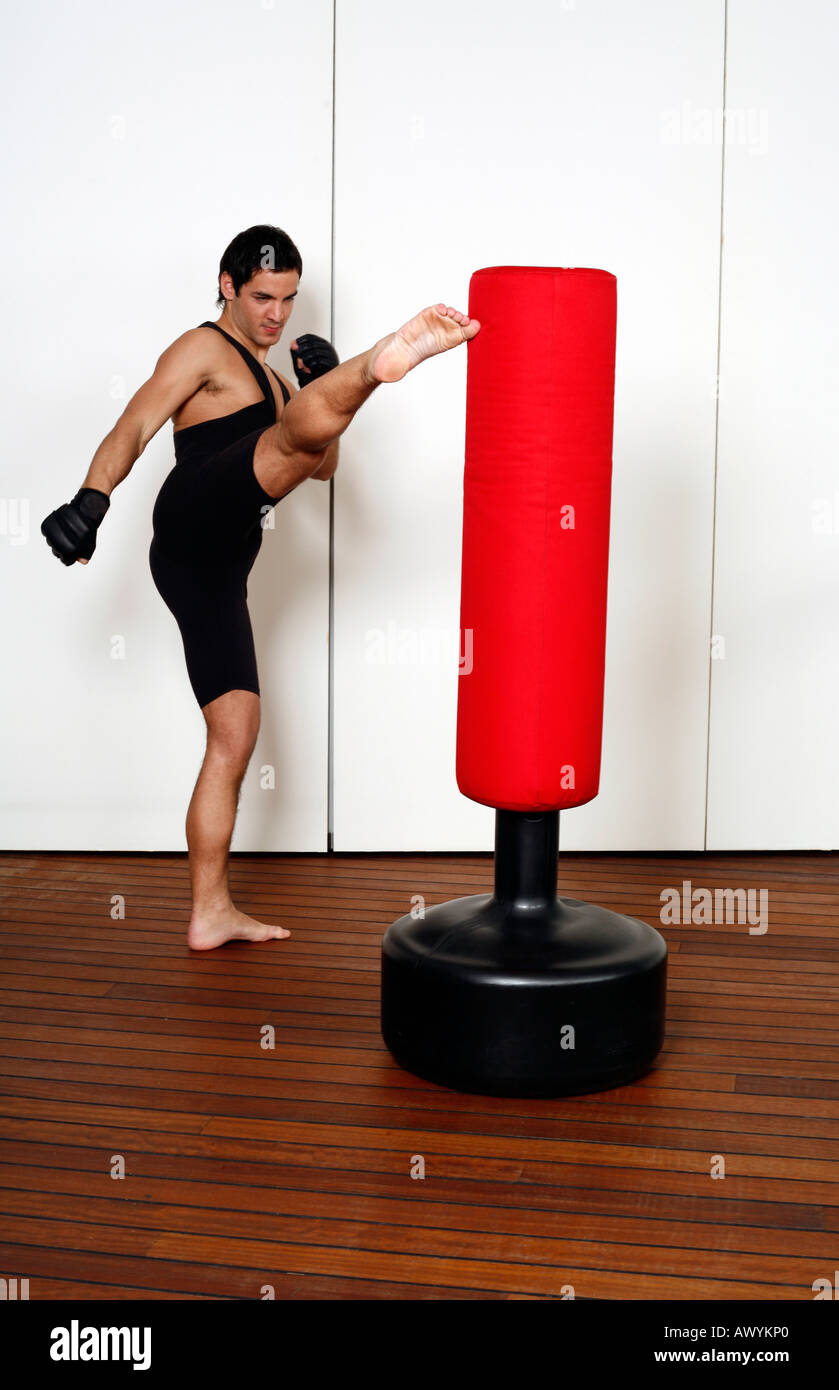 Young man kicking a punching bag Stock Photo Alamy