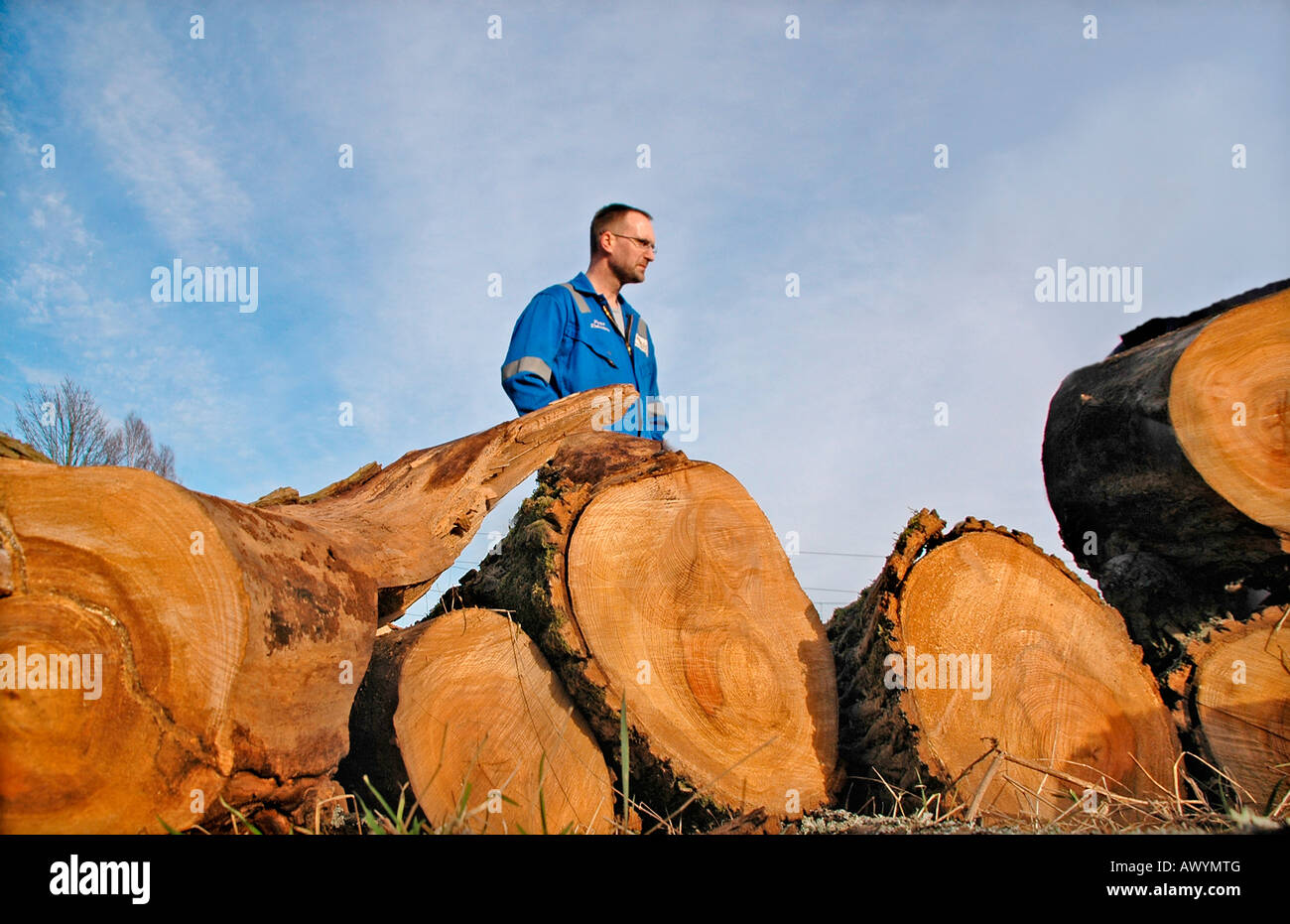 A log cutter takes a break from his work Stock Photo