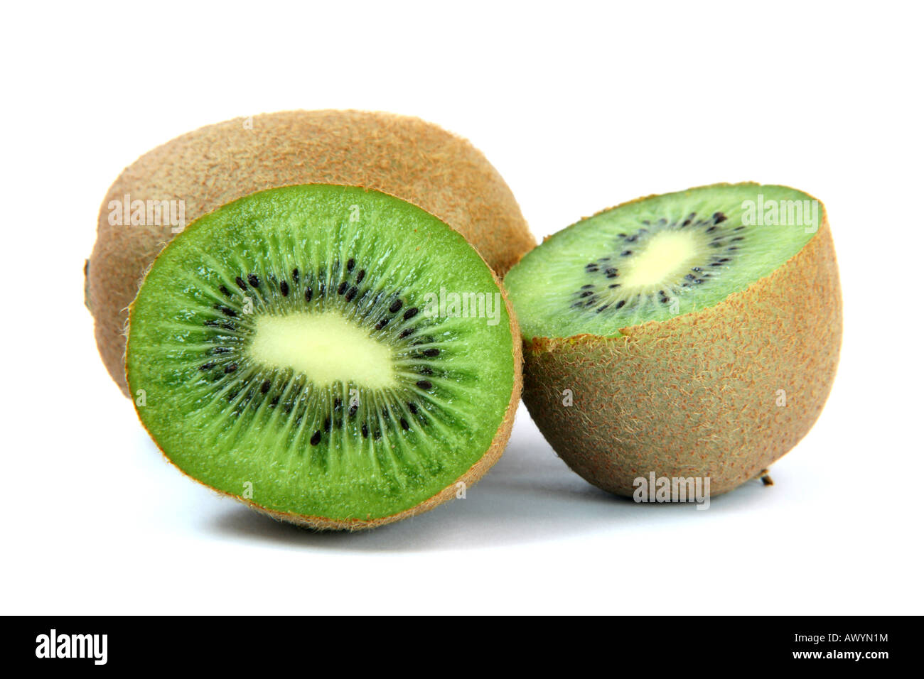 one kiwi and two half isolated on white background healthy eating and agriculture concepts Stock Photo